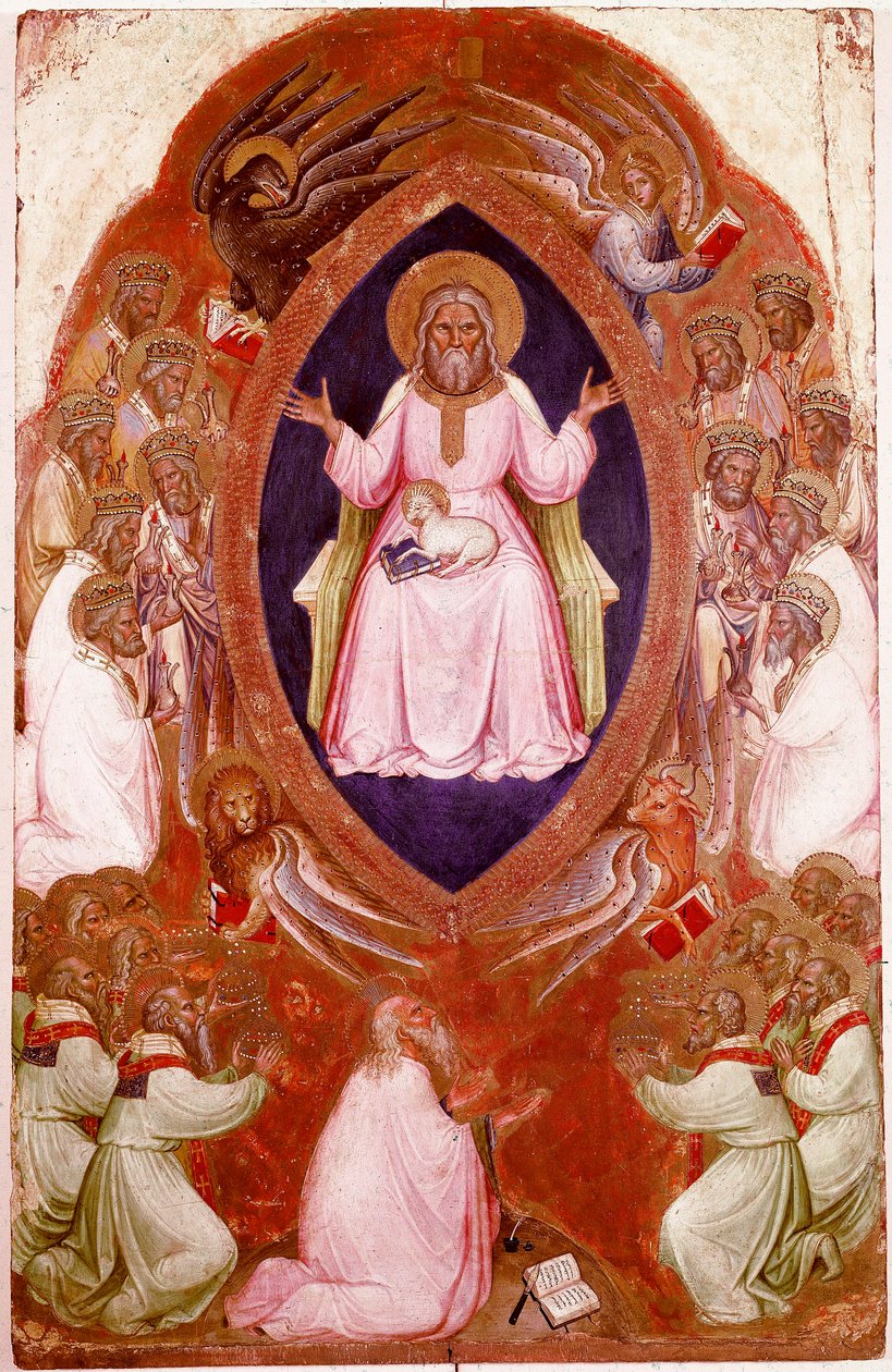Centralny panel Poliptyku Objawienia: Wizja św. Jana Ewangelisty. Detrempe on wood autorstwa Jacobello Alberegno (ok. 1367-1397) 1360-1390. Gallerie dell