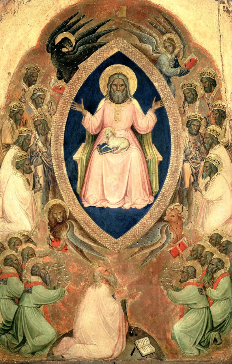 Bóg Ojciec na tronie z Poliptyku Apokalipsy, po 1343 (tempera na desce ze złotem) autorstwa Jacopo Alberegno
