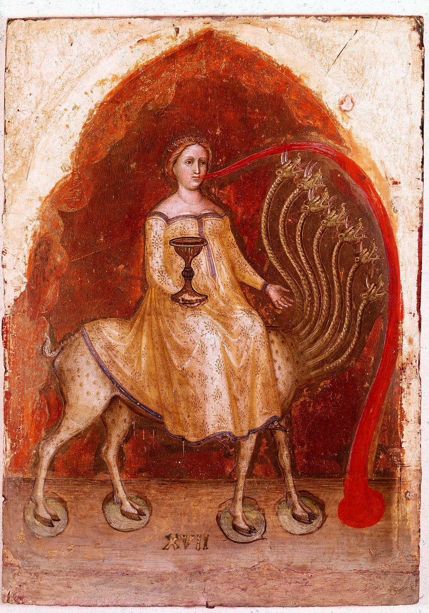 Lewy panel Poliptyku Apokalipsy: bete ma siedem głów i siedząca na nim Kobieta, bogata prostytutka. Detrempe on wood autorstwa Jacobello Alberegno (ok. 1367-1397) 1360-1390. Gallerie dell