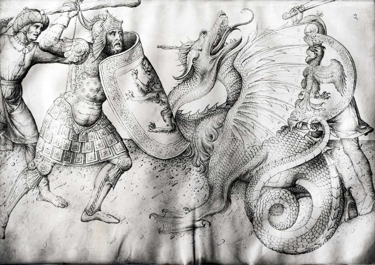 د جنګیالیو او ډریګون تر منځ جګړه، c.1450 (په ویلم کې رنګ) پولی autorstwa Jacopo Bellini