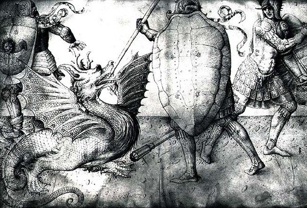Wojownicy walczący ze smokiem, ok. 1450 (atrament na welinie) autorstwa Jacopo Bellini