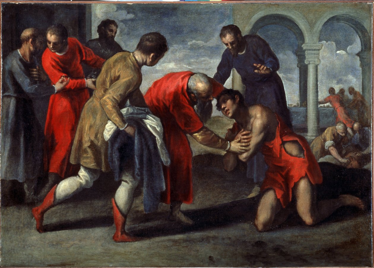 Powrót syna marnotrawnego. Obraz Jacopo Palma il Giovane Młodszego (1544-1628), po 1600. Olej na płótnie. Sztuka włoska w stylu manierystycznym. Galleria dell