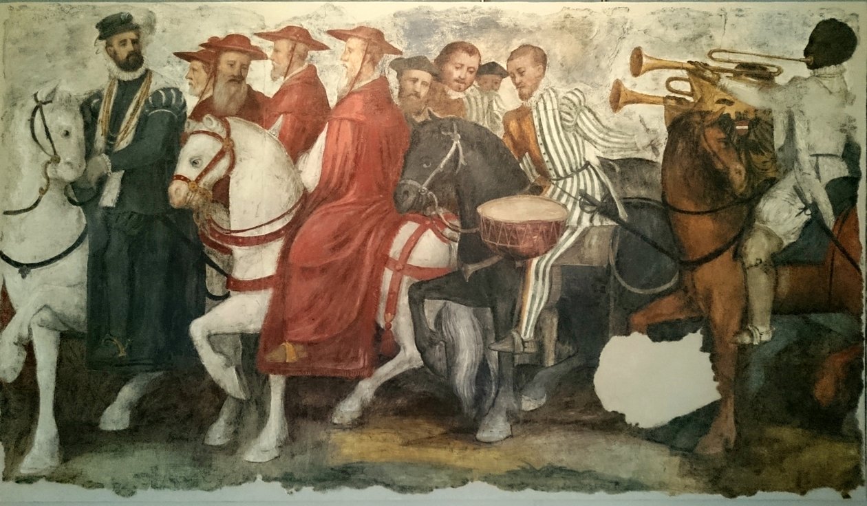 Kawalkada Karola V i Klemensa VII: Henryk z Nassau noszący kołnierz Złotego Runa Burgundii, a za nim biskupi, prałaci i trębacze. autorstwa Jacopo Ligozzi