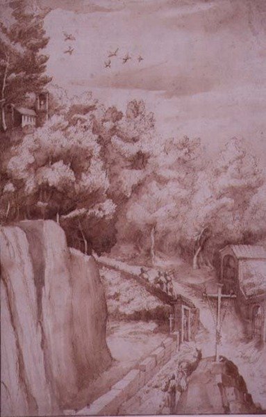 PD.52-1997 Widok klasztoru La Verna, droga prowadząca do klasztoru, ok.1607-12 (pranie, długopis i tusz na papierze) autorstwa Jacopo Ligozzi