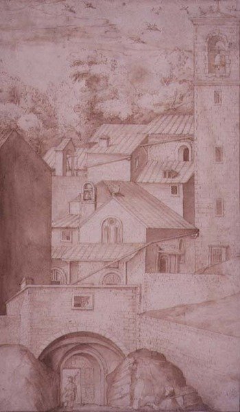PD.53-1997 Widok klasztoru La Verna, bramy wejściowej i dzwonnicy, ok.1607-12 (pranie, długopis i tusz na papierze) autorstwa Jacopo Ligozzi