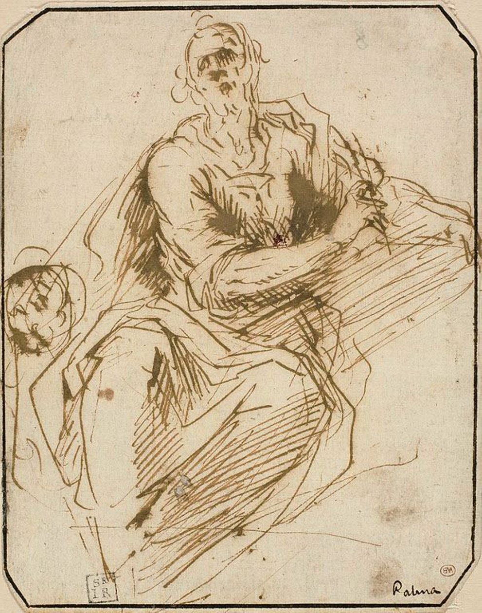 Studium św. Marka (recto); Szkic męskiej sylwetki w połowie długości, patrząc od góry do prawej (odwrotnie) autorstwa Jacopo Palma il Giovane