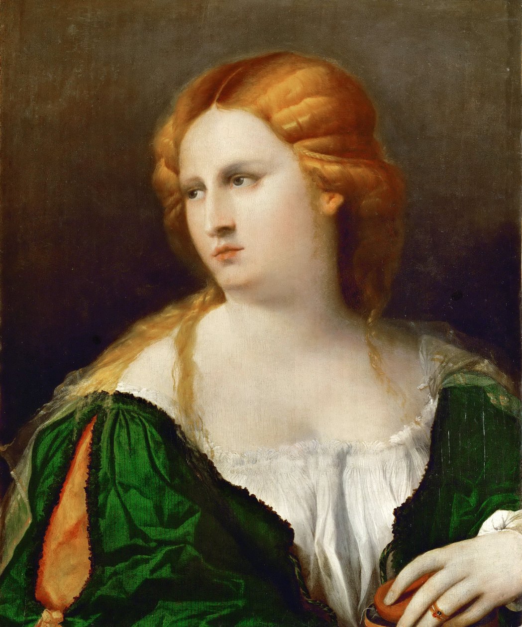 Młoda kobieta w zielonej sukience, w ręku pudełko, ok. 1514 autorstwa Jacopo Palma il Vecchio the Elder