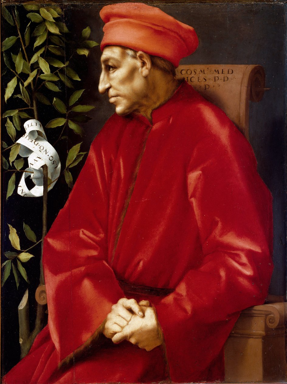 Portret Cosimo (Cosimo de Medici), dit Cosimo the Old Medici (1389-1464) Obraz Jacopo (Iacopo) Carrucci dit il Pontormo (Pontormo) (1494-1556) 1518-1519 Niedziela 86x65 cm Florencja, Galeria Uffizi ( Biura ) © Luisa Ricciarini / Leemage autorstwa Jacopo Pontormo