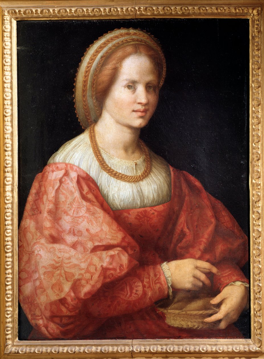Portret damy z koszem wrzecion - olej na panelu autorstwa Jacopo Pontormo