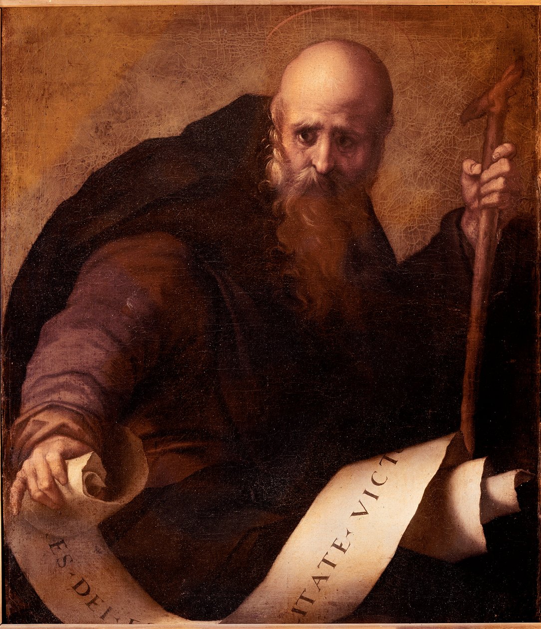 Św. Antoni, Opactwo Reprezentacja Św. Antoniego Wielkiego (250/251-356) (lub Św. Antoniego Pustelnika lub Św. Antoniego Opata). Obraz Jacopo (Iacopo) Carrucci dit il Pontormo (Pontormo) (1494-1556) ok. 1519 Słońce. 78x66 cm Florencja, Galleria d autorstwa Jacopo Pontormo