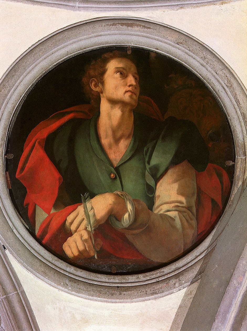 San Luca - Saint Luc - Peinture de Jacopo Carrucci dit il Pontormo (Pontorme) (1494-1556) 1527-1528 Diam 70 cm Florencja, kościół Santa Felicita, Cappella Capponi ©UIG/Leemage autorstwa Jacopo Pontormo
