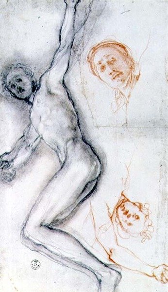 Studium Chrystusa przybitego do krzyża, głowa dwukrotnie przećwiczona (kreda czarna i czerwona) autorstwa Jacopo Pontormo