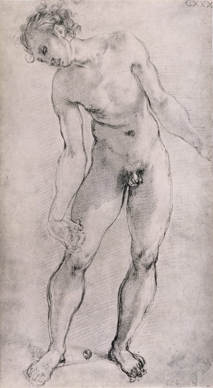 Studium postaci męskiej do ołtarza „Osadzanie” w Capella Capponi, Santa Felicita, Florencja, 1525-27 (węgiel) autorstwa Jacopo Pontormo