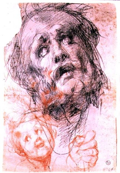 Studium głowy św. Józefa, głowy dziecka i pięści dla „Świętej Rodziny ze Świętymi” (ołtarz Pucci), ok. 1518 (czarna i czerwona kreda) autorstwa Jacopo Pontormo