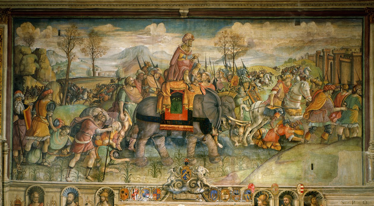 Fresk przedstawiający Hannibala przybywającego do Włoch. Przez Jacopo Ripandę. Koniec XVI wieku. Palazzo des Conservatori, Rzym - Hannibal przekraczający Alpy, 218 pne, autorstwa Jacopo Ripandy (czynny ok. 1500-1516), ok. 1510, fresk z Pałacu Konserwatoriu autorstwa Jacopo Ripanda