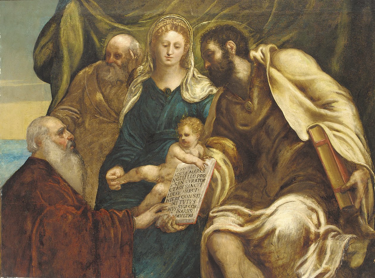Święta Rodzina i Doża Ranieri (olej na płótnie) autorstwa Jacopo Robusti (studio of) (attr. to) Tintoretto