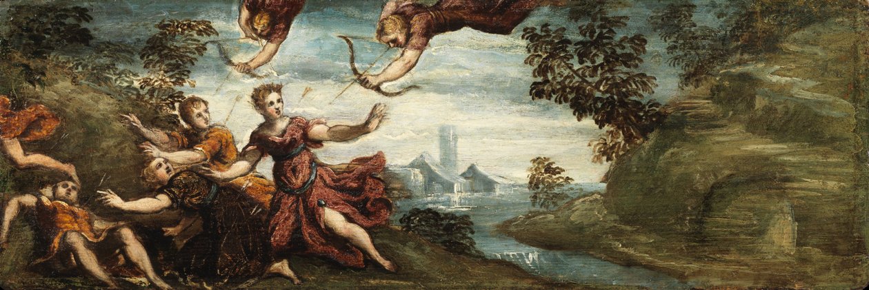 Apollo i Artemida zabijają dzieci Niobe, ok. 1545-48 (olej na panelu) autorstwa Jacopo Robusti (workshop of) Tintoretto