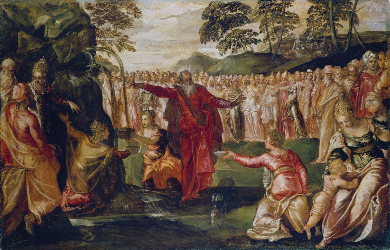 Mojżesz uderzający w skałę, ok. 1555-70 (olej na płótnie) autorstwa Jacopo Robusti (workshop of) Tintoretto