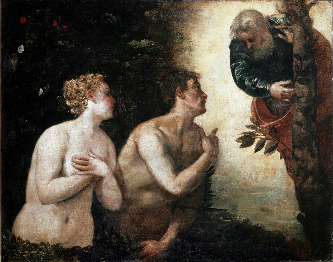 Adam i Ewa stają twarzą w twarz z obrazem Wiecznego Ojca autorstwa Jacopo Robustiego powiedział Tintoret (Tintoretto) (1518-1594) 1550-1553 Słońce. 90x110 cm Florencja, Palazzo Pitti, Galleria Palatina autorstwa Jacopo Robusti Tintoretto