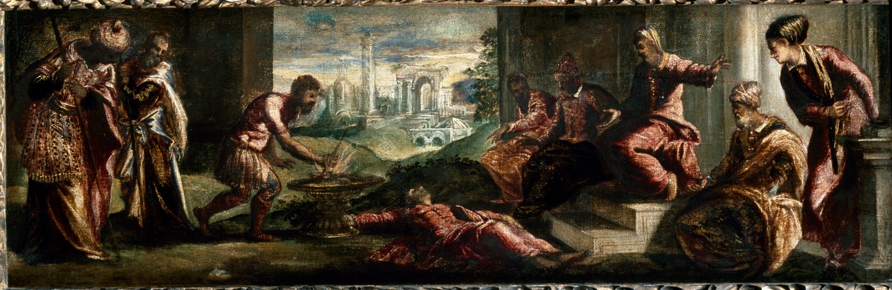 Caius Mucius Scaevola przed Porsenną Caius Mucius Scaevola zanurza rękę w ogniu. (Obraz autorstwa Jacopo Robusti Tintoretto