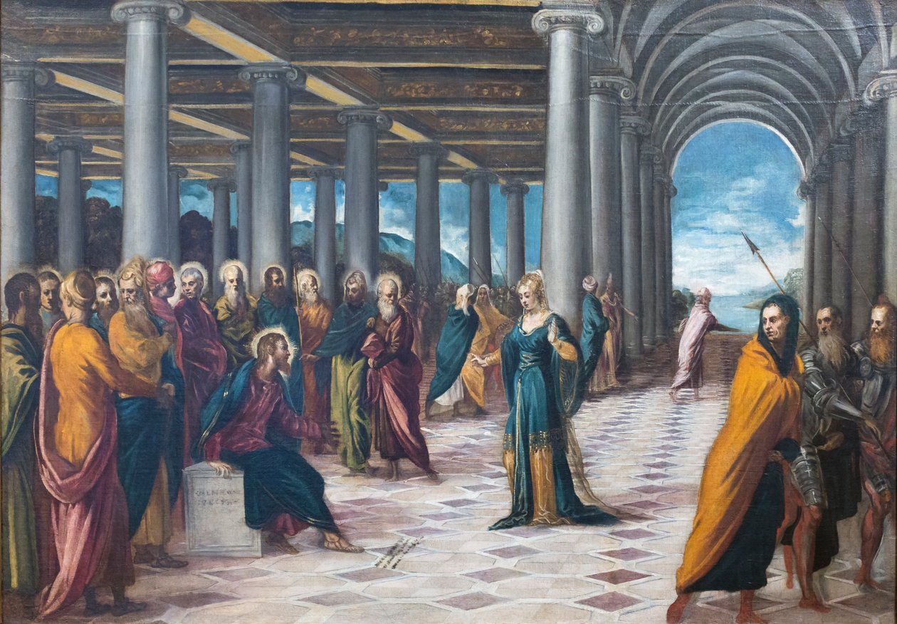 Chrystus i cudzołożnica, ok. 1545-48 (olej na płótnie) autorstwa Jacopo Robusti Tintoretto