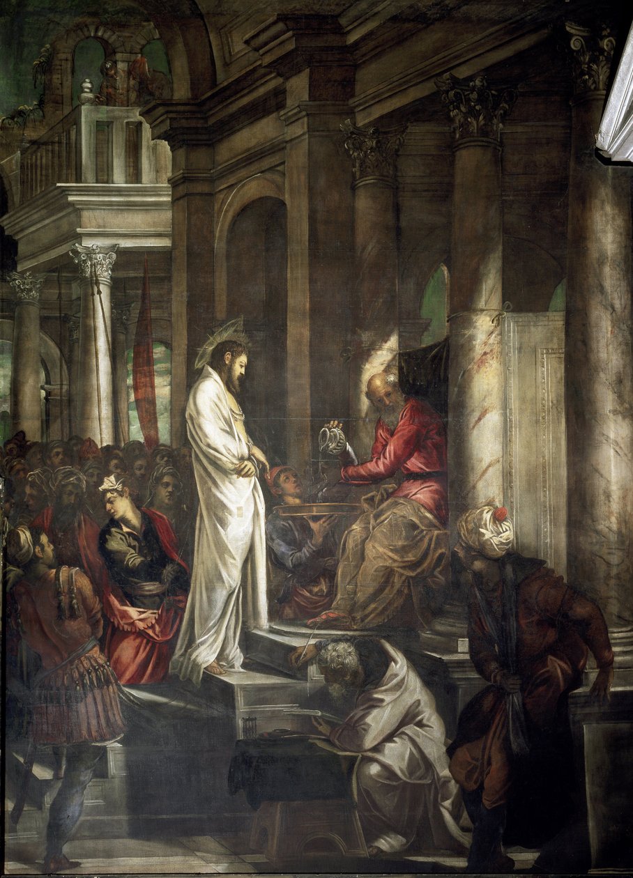 Chrystus przed Poncjuszem Piłatem Obraz Tintoretto (Jacopo Robusti) (Tintoret) (1518-1594) 1566-1567 Dim 515x390 cm Wenecja Scuola di San Rocco Włochy autorstwa Jacopo Robusti Tintoretto