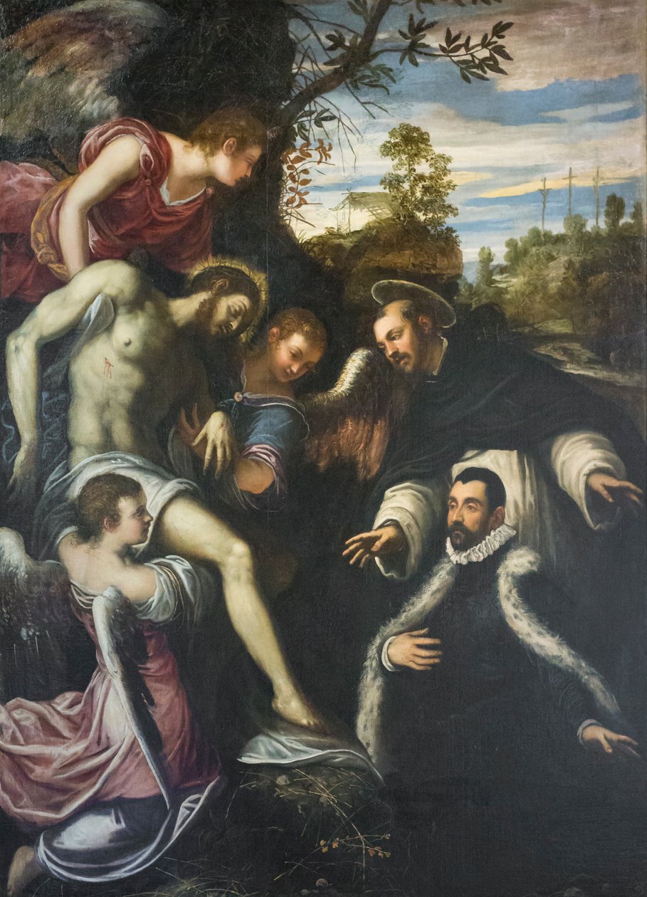 Martwy Chrystus podtrzymywany przez trzy anioły, św. Dominika i darczyńcę autorstwa Jacopo Robusti Tintoretto