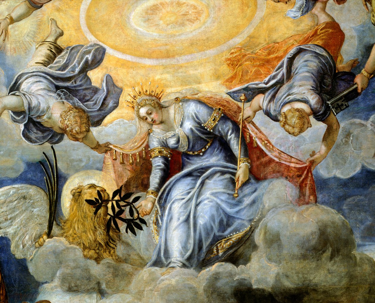 Dog Niccolo da Ponte odbierający gałązkę oliwną od Wenecji, autor Jacopo Robusti znany jako Tintoretto (1518-1594), Detal, Sala del Maggior Consiglio (Sala Wielkiej Rady), Palazzo Ducale, Wenecja autorstwa Jacopo Robusti Tintoretto