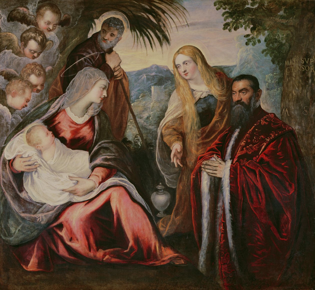 Święta Rodzina z Matteo Saranzo autorstwa Jacopo Robusti Tintoretto