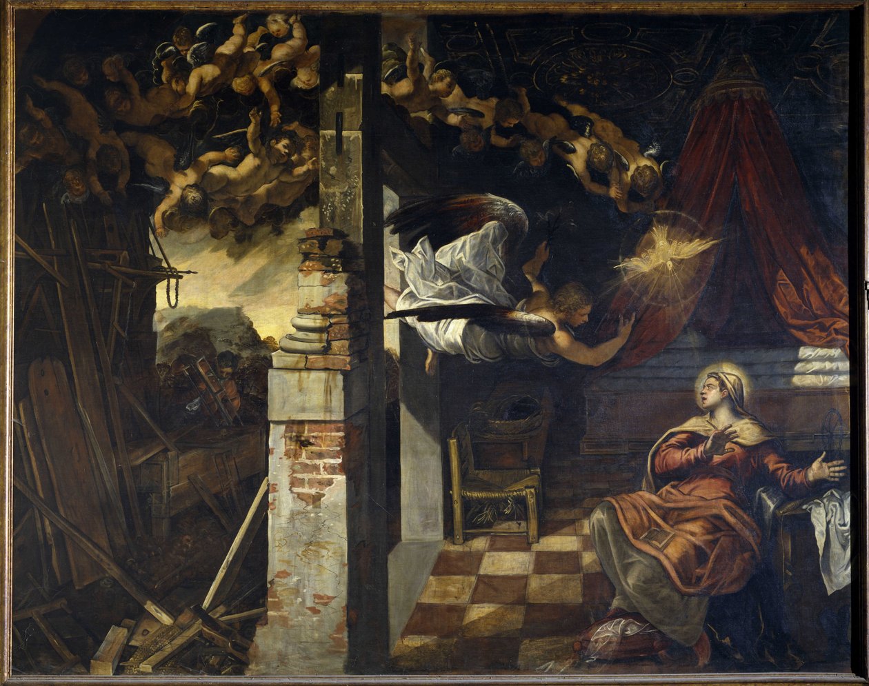 Zwiastowanie. Obraz Jacopo Robustiego, znany jako Le Tintoretto (Il Tintoretto) (1518-1594) autorstwa Jacopo Robusti Tintoretto