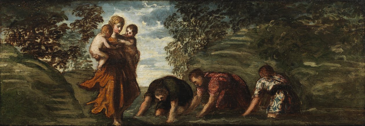 Latona zmieniająca chłopów licyjskich w żaby, ok. 1545-48 autorstwa Jacopo Robusti Tintoretto