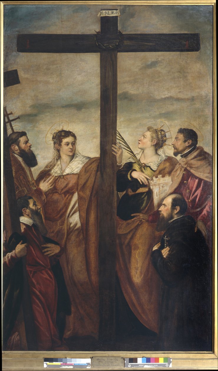 Święci Helena, Barbara, Andrzej, Makary, inny święty i wielbiciel oddają cześć Krzyżowi, ok. 1560 (olej na płótnie) autorstwa Jacopo Robusti Tintoretto