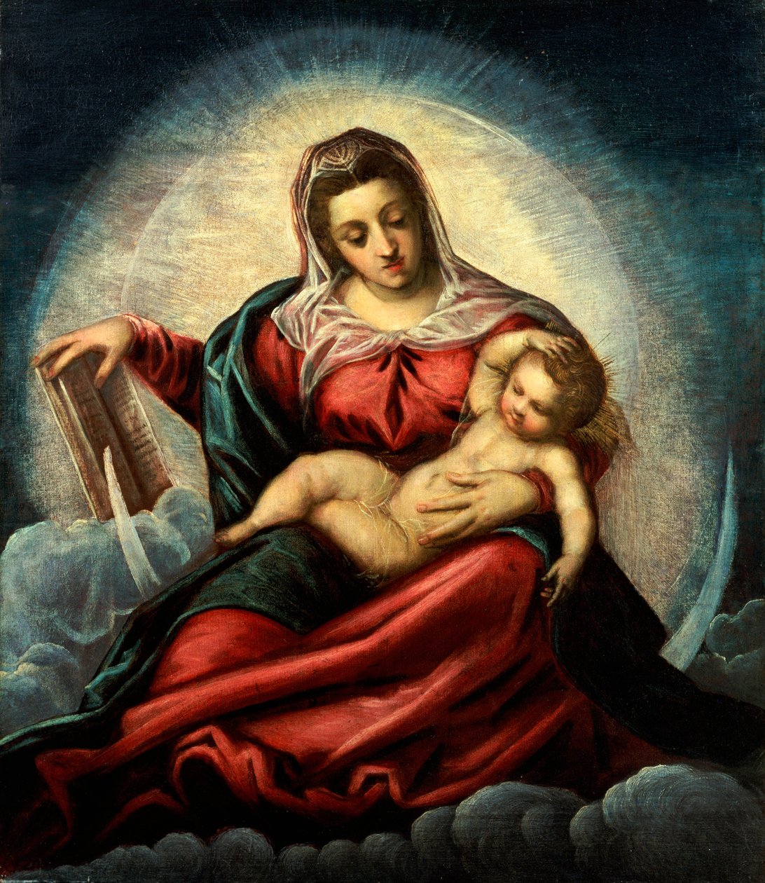 Madonna z Dzieciątkiem w mandorli na półksiężycu i chmurach, z księgą mądrości autorstwa Jacopo Robusti Tintoretto