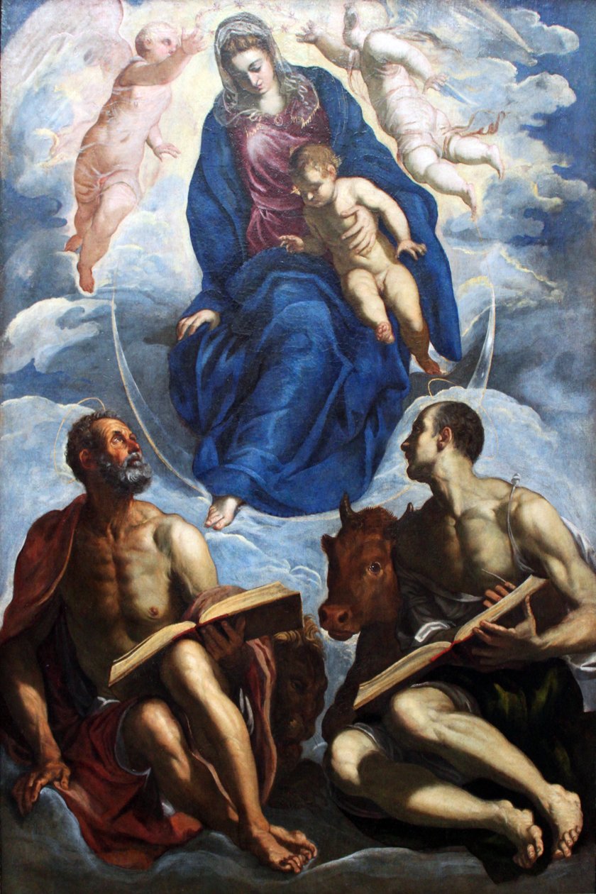 Maryja z Dzieciątkiem adorowana przez ewangelistów Marka i Łukasza autorstwa Jacopo Robusti Tintoretto