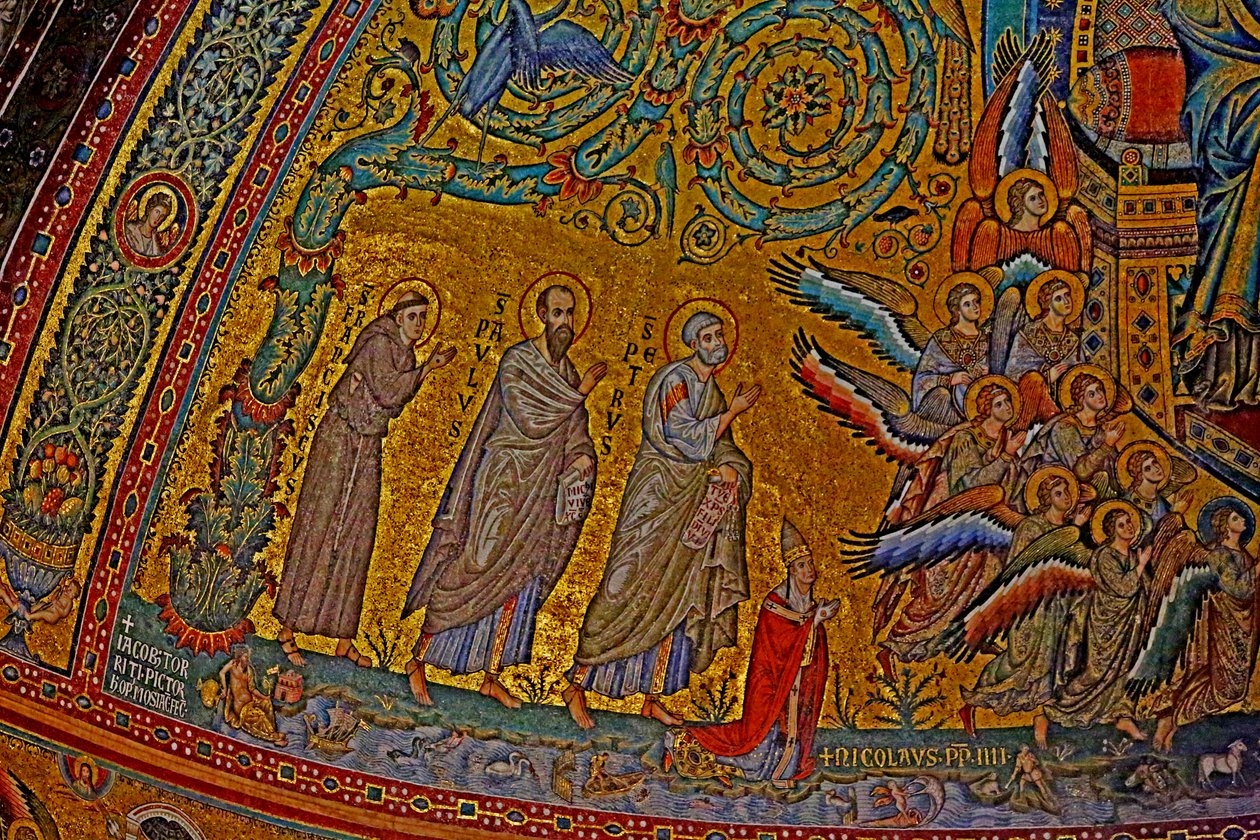 Św. Franciszek, Św. Paweł, Św. Piotr, Papież Mikołaj IV i aniołowie na koronacji Matki Boskiej, absyda, ok. 1290 mozaika autorstwa Jacopo Torriti