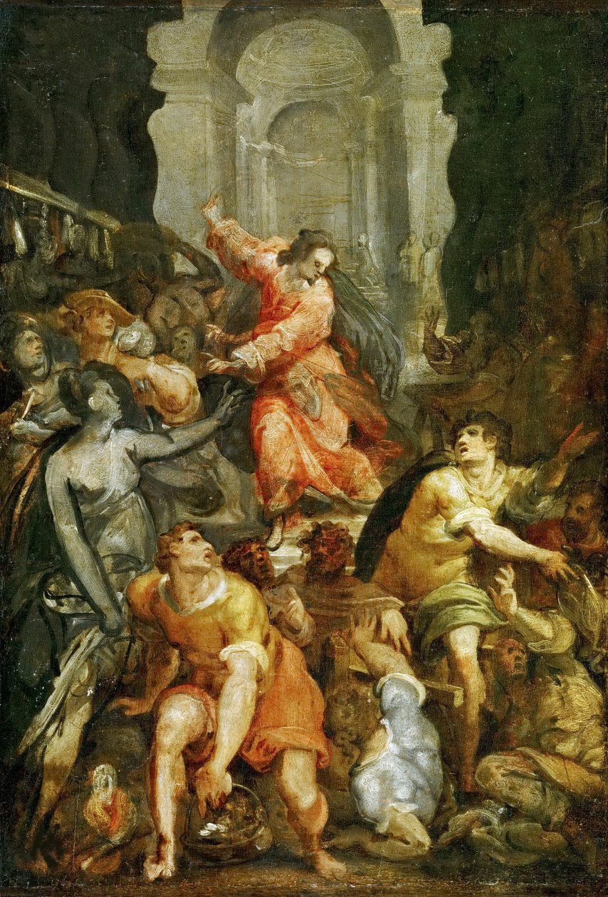 Chrystus wyprowadza wymieniających pieniądze ze świątyni, ok. 1588. autorstwa Jacopo Zucchi