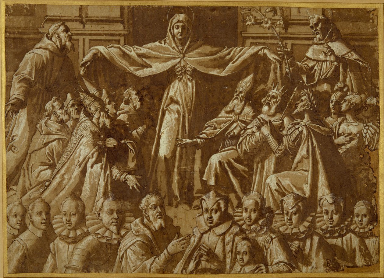 Madonna della Misericordia ze św. Franciszek i Dominik, z innymi świętymi i władcami oraz rodziną darczyńców (pióro i brązowy tusz z plamą i białym kolorem ciała na papierze) autorstwa Jacopo Zucchi