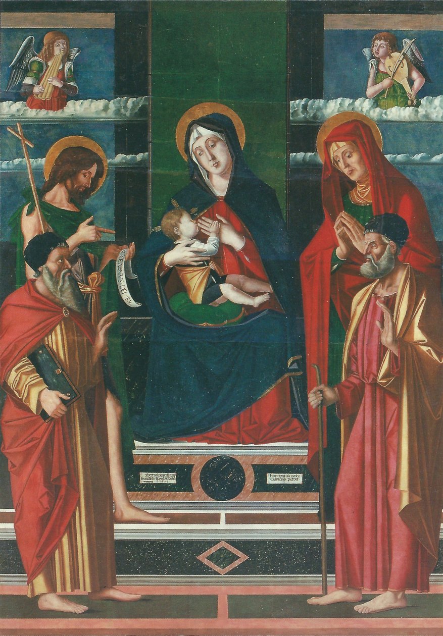Pala di Jacopo da Valenza Tytuł(y) alternatywny(e):   Madonna z Dzieciątkiem ze świętymi Józefem, Janem Chrzcicielem, Joachimem i Anną autorstwa Jacopo da Valenza