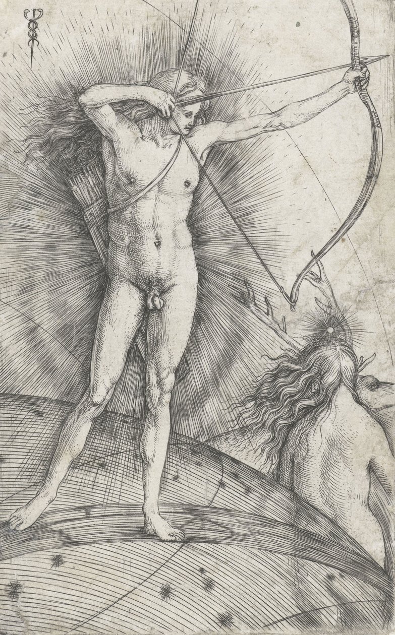 Apollo z łukiem i strzałą na kuli ziemskiej i Diana z jeleniem, 1503-5 autorstwa Jacopo de Barbari
