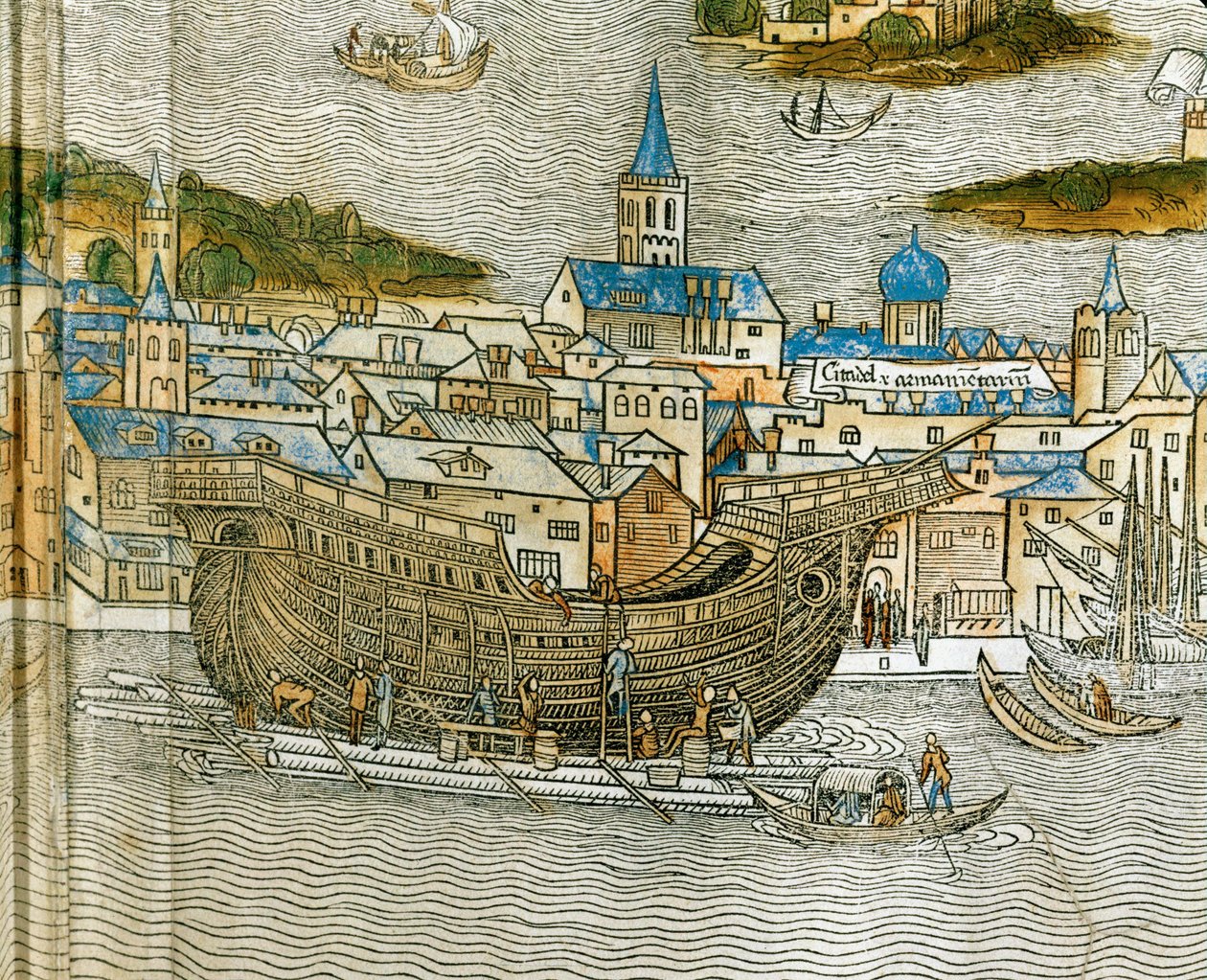 Budowa galery w weneckiej stoczni, z Peregrinatio in Terram Sanctam, wydrukowanego po raz pierwszy po łacinie w 1486 roku... (drzeworyt) autorstwa Jacopo de