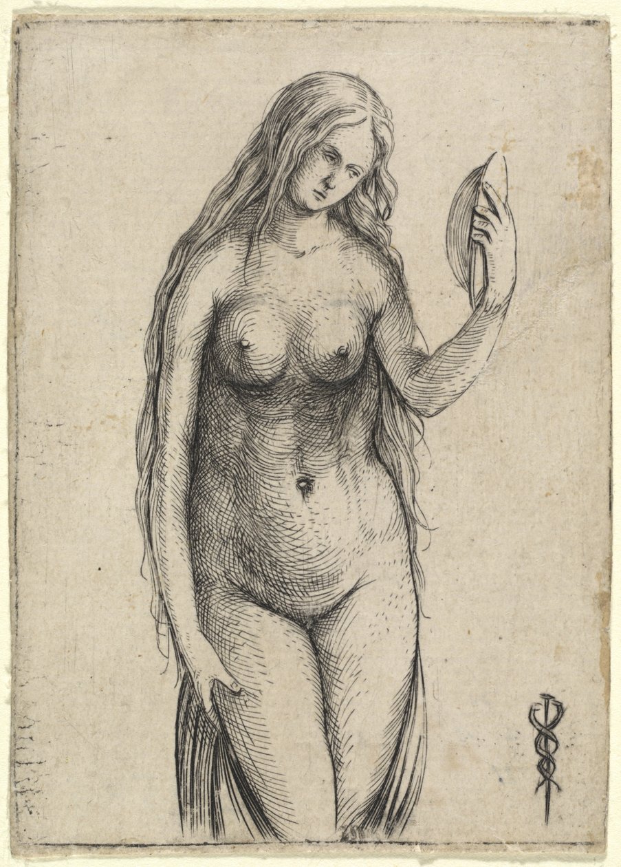 Naga kobieta trzymająca lustro Alegoria Vanitas, c. 15031504. autorstwa Jacopo de Barbari