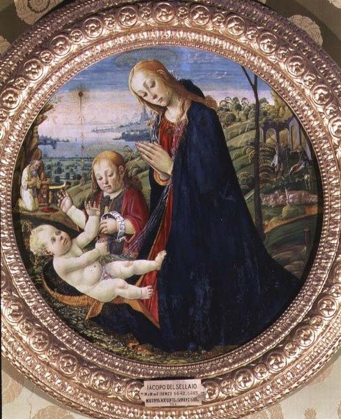 Adoracja Dzieciątka Jezus (panel) autorstwa Jacopo del Sellaio