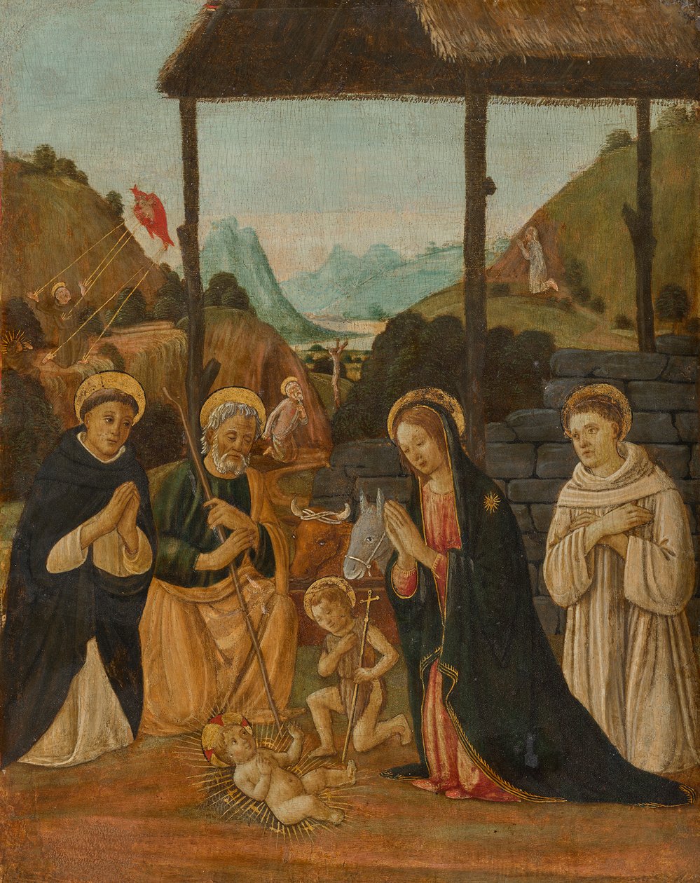 Anbetung des Kindes in Anwesenheit des Johannesknaben und der Heiligen Dominikus und Bernhard von Clairvaux autorstwa Jacopo del Sellaio