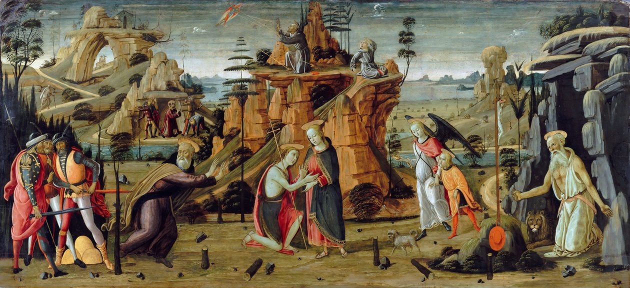 Krajobraz ze scenami biblijnymi i legendami o świętych autorstwa Jacopo del Sellaio