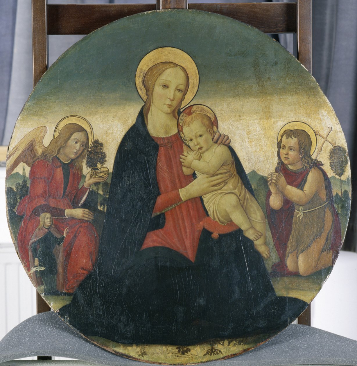 Madonna z Dzieciątkiem z Archaniołem Rafałem i św. Janem, ok. 1490 (tempera na drewnie topoli) autorstwa Jacopo del Sellaio