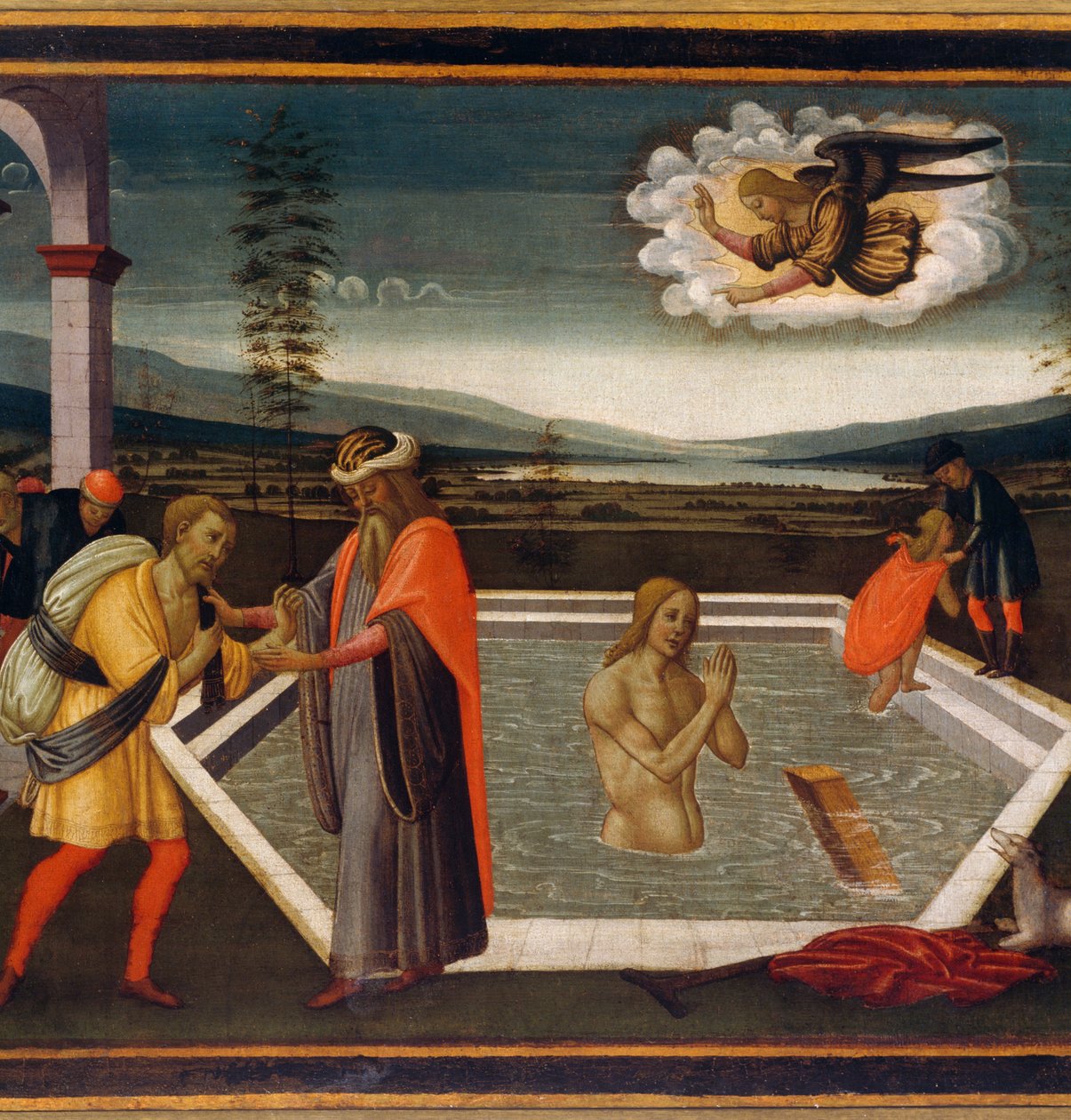 Basen probatyczny, detal z cudem paraliżu, autorstwa Jacopo di Arcangelo lub Jacopo del Sellaio (1442-1493), Szczegół autorstwa Jacopo del Sellaio