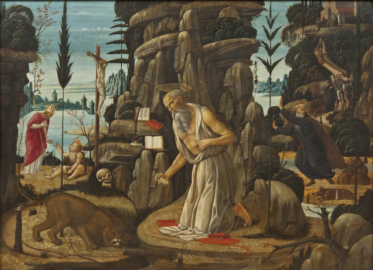 Święty Jerome penitent - Pokutnik Święty Hieronim, Jacopo del Sellaio (1442-1493). Olej na drewnie. Wymiar : 66,5x91,5 cm. Muzeum Narodowe w Sztokholmie autorstwa Jacopo del Sellaio