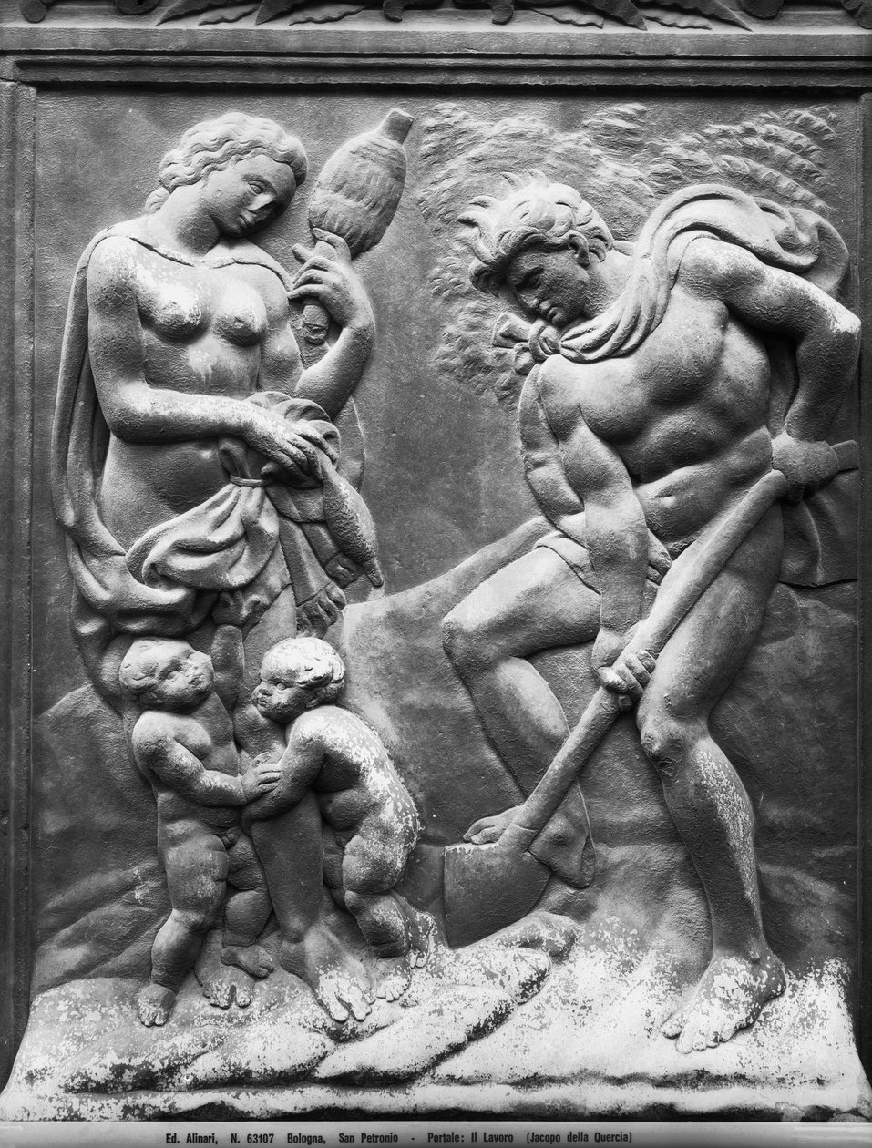 Adam i Ewa przymuszeni do pracy, panel z Porta Magna, ok.1430 (marmur) autorstwa Jacopo della Quercia