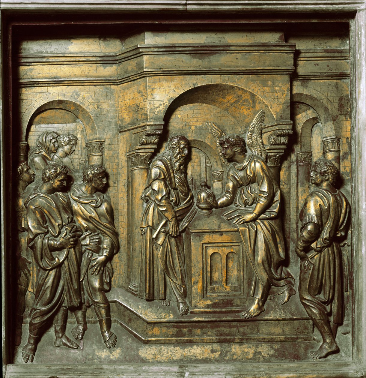 Anioł ukazuje się Zachariaszowi (kafelek z brązu z chrzcielnicy, ok. 1427) autorstwa Jacopo della Quercia