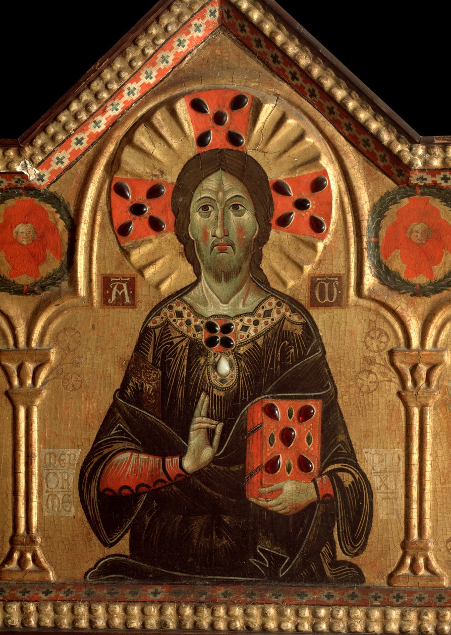 Poliptyk z Odkupicielem i świętymi: Fragment Jezusa, którego aureolę oznaczono krzyżem - olej na desce 1271 autorstwa Jacopo di Meliore